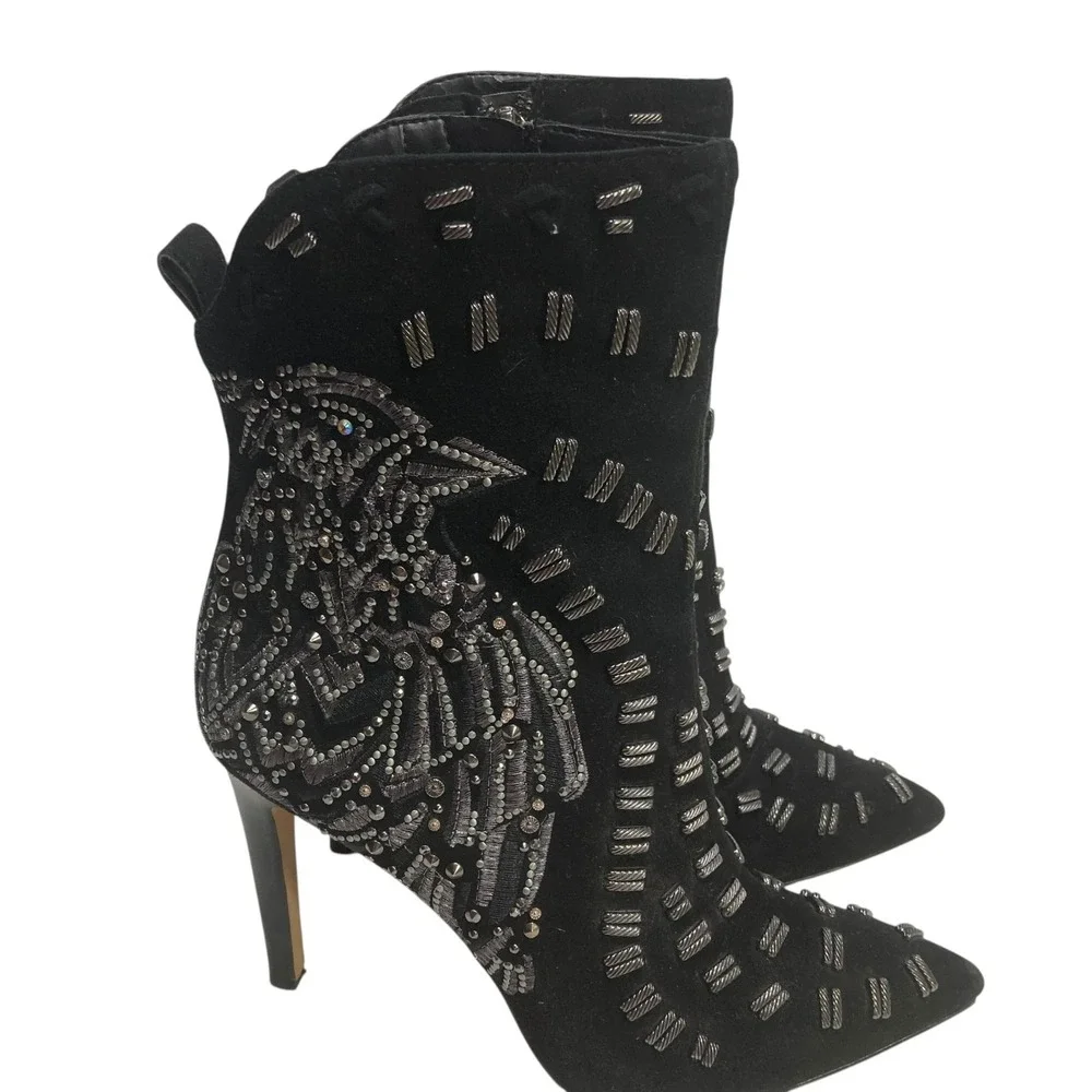 Sam Edelman Melina Suede Leather 7.5‎ Pointy Toe Stiletto Black Silver Embellish